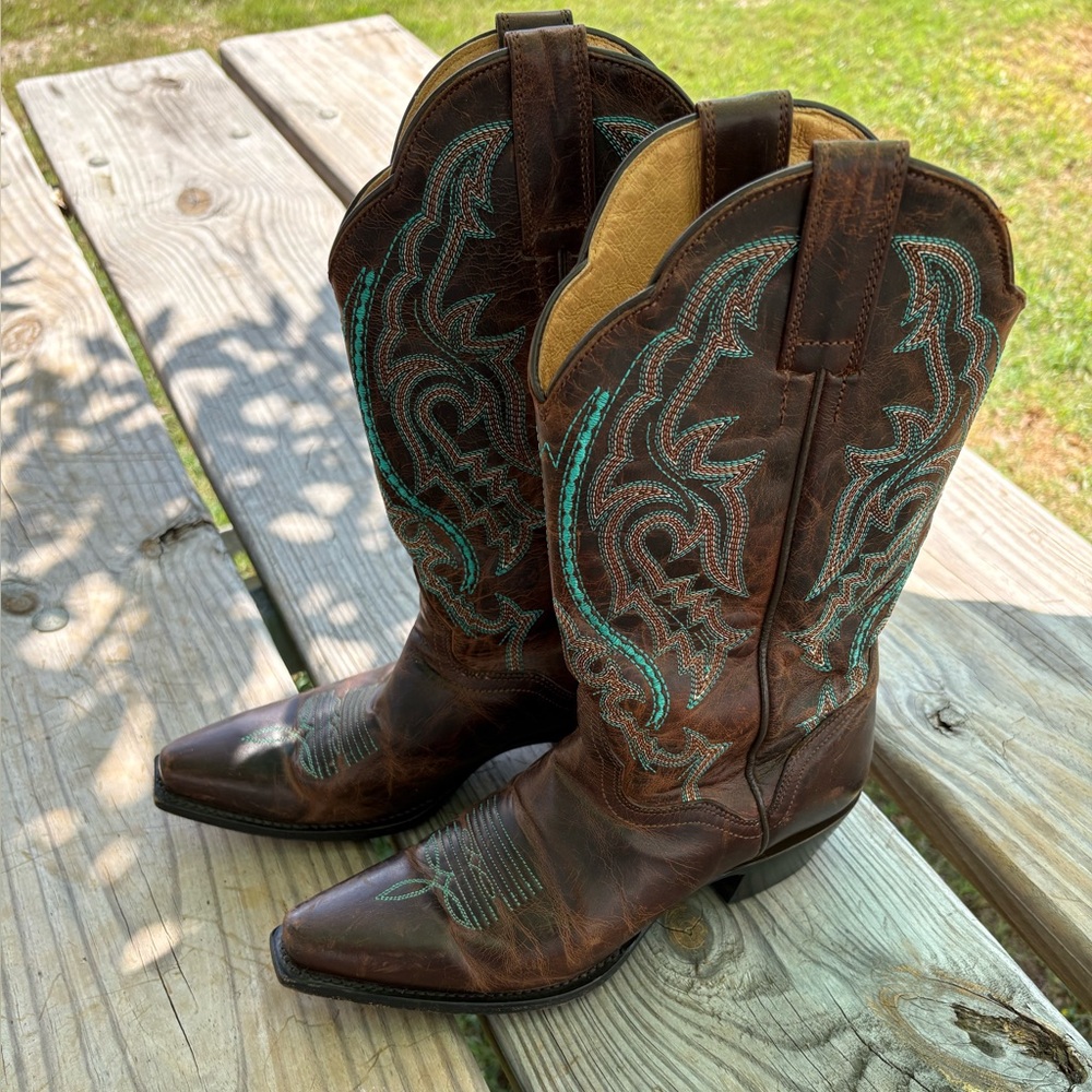 J.B. Dillon Brown and Teal Heeled Boots